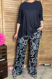 Blue 3/4 sleeve top & paisley printed pant 2pcs women sets GJQ15672 (IS5)