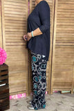 Blue 3/4 sleeve top & paisley printed pant 2pcs women sets GJQ15672 (IS5)