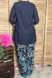 Blue 3/4 sleeve top & paisley printed pant 2pcs women sets GJQ15672 (IS5)