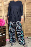 Blue 3/4 sleeve top & paisley printed pant 2pcs women sets GJQ15672 (IS5)