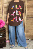 BQ14810 Sparkling rhinestone boots patterns brown short sleeve women top IS10