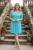GJQ14589-2 Solid color blue short sleeve women dress w/pockets (BS6 AS9