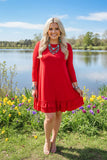 Red 3/4 sleeve double ruffle bottom w/side pockets women dresses GJQ15500 AS8