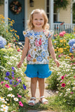 Floral flutter sleeve top & blue shorts 2pc girls sets DLH1215-13 A3S2