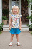 Floral flutter sleeve top & blue shorts 2pc girls sets DLH1215-13 A3S2