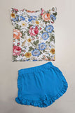 Floral flutter sleeve top & blue shorts 2pc girls sets DLH1215-13 A3S2