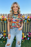 Western women's t-shirt Serape & cow jewels printed w/short sleeve BQ12530 IS19