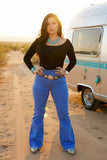 Elastic band waist long straight women blue jeans S009 IS16