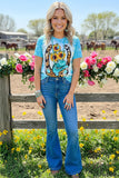 DLH0824-20 Western horse shoe & hat & sunflower tie dye blue women t-shirt (IS16)