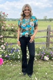 Western flower & leopard turquoise short sleeve women's top BQ12450 IS19