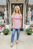Shop 4th July Stripe printed off shoulder women tops with pompoms BQ13343 IS17