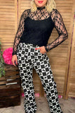 Southern Stitch Black floral lace long sleeve sheer women top XCH17075 (IS6)