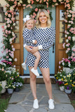 Navy blue checkered long sleeve top & Shorts 2pc girls set XCH04055 A9S1
