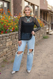 Clearance Rhinestone checkered long sleeve black mesh women top XCH17065
