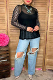 Clearance Rhinestone checkered long sleeve black mesh women top XCH17065