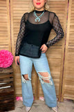 Clearance Rhinestone checkered long sleeve black mesh women top XCH17065