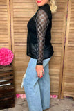 Clearance Rhinestone checkered long sleeve black mesh women top XCH17065