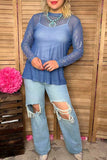 Southern Stitch Rhinestone checkered navy blue sheer women top XCH17067