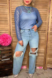 Southern Stitch Rhinestone checkered navy blue sheer women top XCH17067
