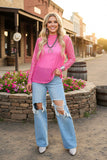 Clearance-- Rhinestone checkered long sleeve hot pink mesh women top XCH17066