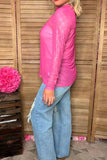 Clearance-- Rhinestone checkered long sleeve hot pink mesh women top XCH17066