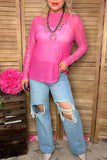 Clearance-- Rhinestone checkered long sleeve hot pink mesh women top XCH17066