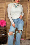 Southern Stitch Rhinestone checkered long sleeve white mesh women top XCH17069