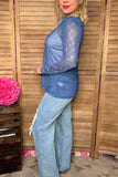 Southern Stitch Rhinestone checkered navy blue sheer women top XCH17067