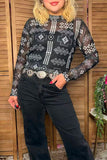 Western chic aztec printed sheer long sleeve women botuique top Southern Stitch GJQ17238