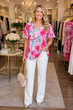 Fuchsia floral prints & short sleeve women blouse w/double ruffle GJQ15934 CS1