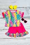 Western leopard print ruffle top & shorts 2pcs girls boutique set XCH0777-17H (A4S9)