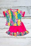 Western leopard print ruffle top & shorts 2pcs girls boutique set XCH0777-17H (A4S9)