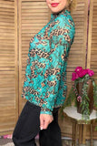 Western turquoise leoopard sheer long sleeve women's boutique top Southern Stitch GJQ17242