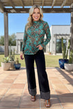Western turquoise leoopard sheer long sleeve women's boutique top Southern Stitch GJQ17242