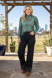 Western turquoise leoopard sheer long sleeve women's boutique top Southern Stitch GJQ17242