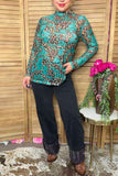 Western turquoise leoopard sheer long sleeve women's boutique top Southern Stitch GJQ17242