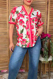 Trendy pink floral women's boutique blouse w/stripe trim v-neck Southern Stitch GJQ17225