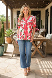 Trendy pink floral women's boutique blouse w/stripe trim v-neck Southern Stitch GJQ17225