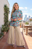 Chic turquoise floral short sleeve sheer women's boutique top Southern Stitch GJQ17250