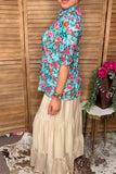 Chic turquoise floral short sleeve sheer women's boutique top Southern Stitch GJQ17250