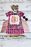 Western HAPPY COW checkered short sleeve girls boutique dress w/fringe tassels DLH2303 (A2S8)