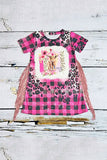 Western HAPPY COW checkered short sleeve girls boutique dress w/fringe tassels DLH2303 (A2S8)