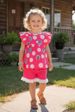 Western horse shoes & daisy flutter sleeve top & lace trim shorts girls boutique set XCH04070 A8S7