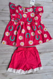 Western horse shoes & daisy flutter sleeve top & lace trim shorts girls boutique set XCH04070 A8S7