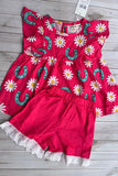Western horse shoes & daisy flutter sleeve top & lace trim shorts girls boutique set XCH04070 A8S7