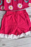 Western horse shoes & daisy flutter sleeve top & lace trim shorts girls boutique set XCH04070 A8S7