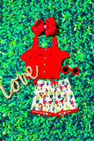 Western red top & bull skull ,boots shorts girls boutique set DLH2356 (A3S6)
