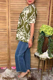 Chic olive green floral puff sleeve women's boutique top w/lace trim Southern Stitch GJQ17302