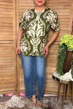 Chic olive green floral puff sleeve women's boutique top w/lace trim Southern Stitch GJQ17302