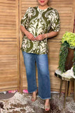 Chic olive green floral puff sleeve women's boutique top w/lace trim Southern Stitch GJQ17302